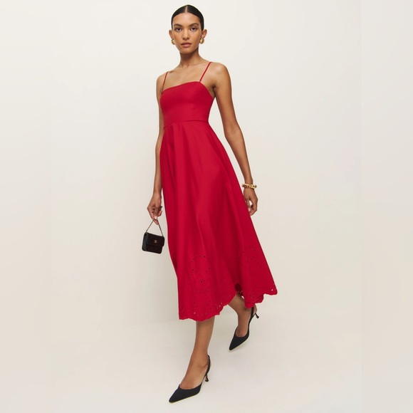 NEW Reformation Cherie Midi Cotton Dress in Lipstick Red | size 0 / XS - Picture 1 of 14